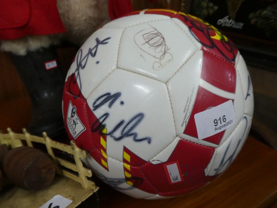 Signed football, old Paddington Bear toy and a horse and cart metal ornament and 2 pictures - Image 3 of 7
