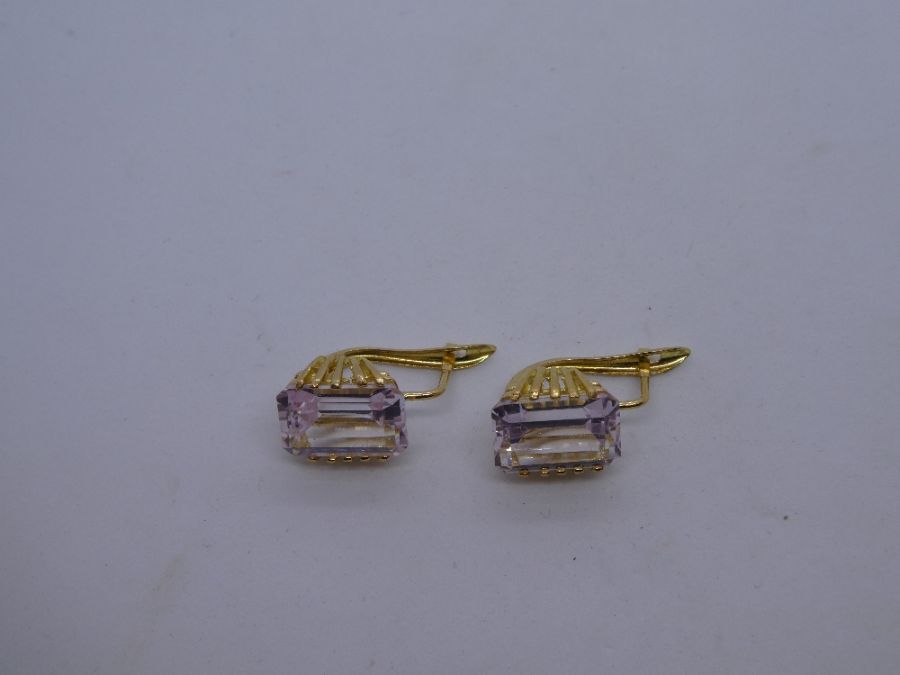 Pair of 18ct yellow gold earrings set with large baguette cut pink stones, approx 1cm, marked 750 - Image 2 of 2