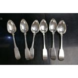 Six similar Irish Georgian silver dessert spoons by Richard Sawyer and James Scott (8ozs approx)