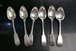 Six similar Irish Georgian silver dessert spoons by Richard Sawyer and James Scott (8ozs approx)