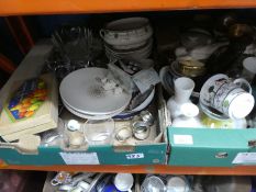 Six boxes of mixed china and glass to include Royal Doulton plates, Coalport, silver plated ware, gl