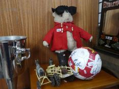 Signed football, old Paddington Bear toy and a horse and cart metal ornament and 2 pictures