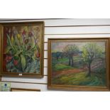 John Bowles, two mid century oil paintings of flowers and trees in landscape, both signed, largest 5