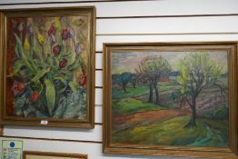 John Bowles, two mid century oil paintings of flowers and trees in landscape, both signed, largest 5