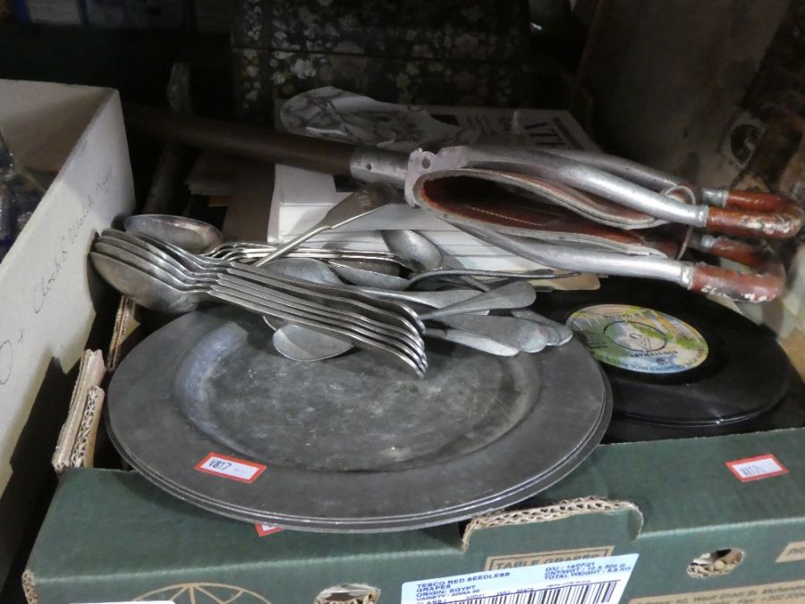 A box of paperweights and clock keys, and a box of collectables to include cutlery, silver plate, re - Image 2 of 3