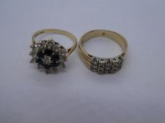 Two 9ct yellow gold dress rings, one a cluster example, marked 375, sized P & N, approx 7g