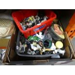 One box of trinkets and ornaments to include animals, English miniatures, boxes, Russian style doll,