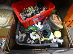 One box of trinkets and ornaments to include animals, English miniatures, boxes, Russian style doll,