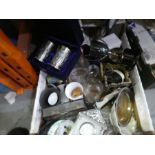 A box of miscellaneous items to include Trophy cup, clock, glasses, small plates