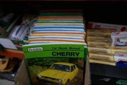 A box of car 70s, 80s manuals to including Cortina, Datsun Cherry, Renault Fuego, Chrysler Hunter, e