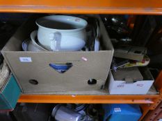 Two shelves of miscellaneous items, to include suitcases, glasses, Portmeirion, chamber pot, plates,