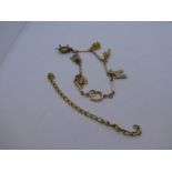 9ct yellow gold box link bracelet hung with 3 9ct gold charms, and four yellow metal examples, clasp