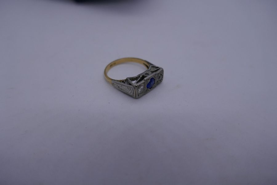 Art Deco blue stone flanked two diamonds, size M, marked 18ct, size M, marked 18ct, approx 4.1g gros - Image 2 of 2