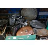 A box of metal ware to include silver plate, coffee pot, plates, brass hot water bottles, mugs, etc