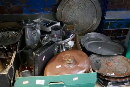 A box of metal ware to include silver plate, coffee pot, plates, brass hot water bottles, mugs, etc