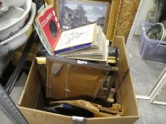 Box of mixed, mostly frames, various sizes, collection of singles, etc and a vintage leather bound d
