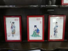 Collection of ten red framed and glazed pictures of Geishas