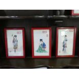 Collection of ten red framed and glazed pictures of Geishas