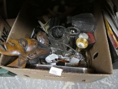 A box of mixed collectables, including African artwork, silver plated items, cut glass, etc