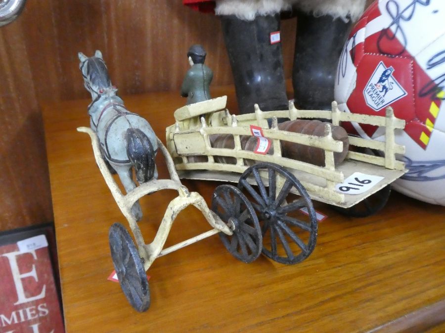 Signed football, old Paddington Bear toy and a horse and cart metal ornament and 2 pictures - Image 2 of 7