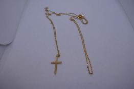 9ct yellow gold cross on chain, both marked 375, together with a fine 9ct yellow gold neck chain, ma