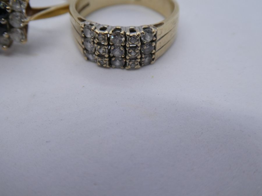 Two 9ct yellow gold dress rings, one a cluster example, marked 375, sized P & N, approx 7g - Image 3 of 5
