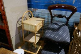 Pair of bamboo and cane bedside tables with glass tops, similar cane example, pair of chairs, wicker
