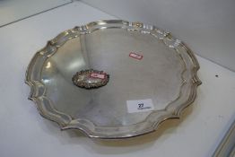 A very nice, heavy silver card tray on three swirl ball feet, circle gadroon like design, hallmarked