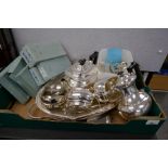 A silver plated oval tray, a four piece teaset, cutlery and sundry
