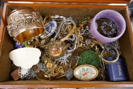 A jewellery box containing mixed costume jewellery, to include brooches, bracelets, silver costume j