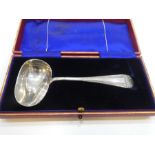 A silver suet spoon with pretty decorative handle hallmarked Sheffield 1907, Martin, Hall and Co., w