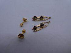Pair of 9ct garnet set drop earrings, AF hung on a pair yellow metal studs, earrings 4.2g approx, st