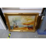 Gilt frame oil painting of a War ship in sunset by John Temple, May 1978, and another of a country s