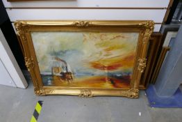 Gilt frame oil painting of a War ship in sunset by John Temple, May 1978, and another of a country s