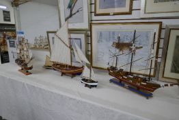 Six wooden model boats to include a Spanish 18th century frigate