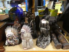 Collection of wooden, resin and stone figures of tribal and native Americans