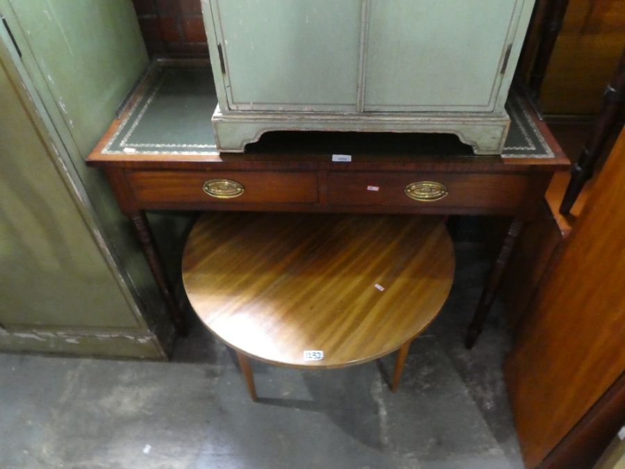 Vintage mahogany two drawer ladies desk, with brass gallery and tooled leather, mahogany card table,