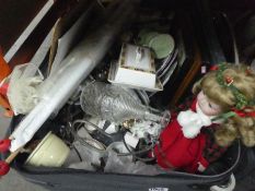 A suitcase and one box full of china, glass, sundries to include glasses, cups, butter dish, picture