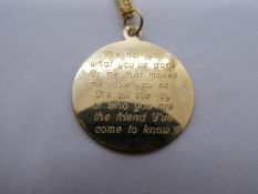 9ct yellow gold neckchain hung with a circular 'Precious friends' medallion with inscription, both m