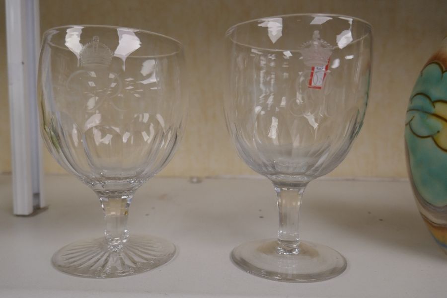 Two similar glass goblets engraved George V and George VI