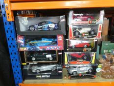Five Burago die cast cars and four other 1/18 scale die cast cars