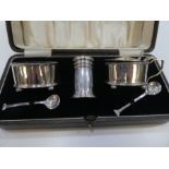 A silver cruet set comprising salts, pepper and small spoons, salts with a Bristol blue insert, h