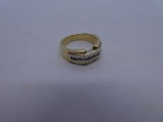 14K two tone gold ring with 9 square channel set diamonds, size L, 6.5g approx
