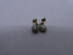 Pair of pretty 9ct yellow gold opal drop earrings surrounded by diamond chips, marked 375, approx 1.
