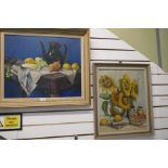 A modern oil still life of fruit on a table, signed, and one other of Sunflowers, also signed