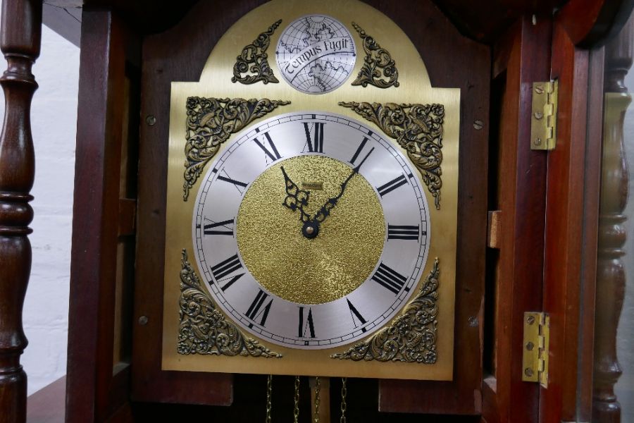 A reproduction hardwood longcase clock having Chinese style decoration, height 204cms - Image 2 of 4