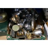 A box of metal ware to include silver plate, brass, pewter, etc