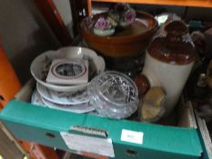 Three boxes mixed china to include china, glass and sundries to include teaware, vases, Bunnykins, v