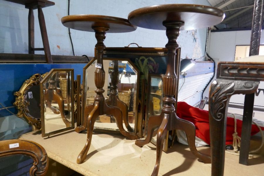 Carved stool, screen, pair of wine tables, a three-fold mirror, French style mirror and a tapestry s - Image 2 of 4