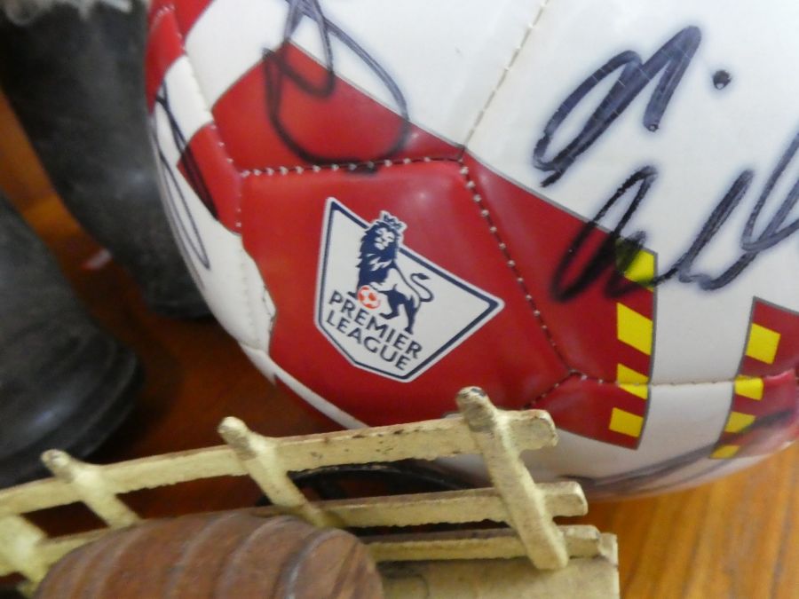 Signed football, old Paddington Bear toy and a horse and cart metal ornament and 2 pictures - Image 5 of 7